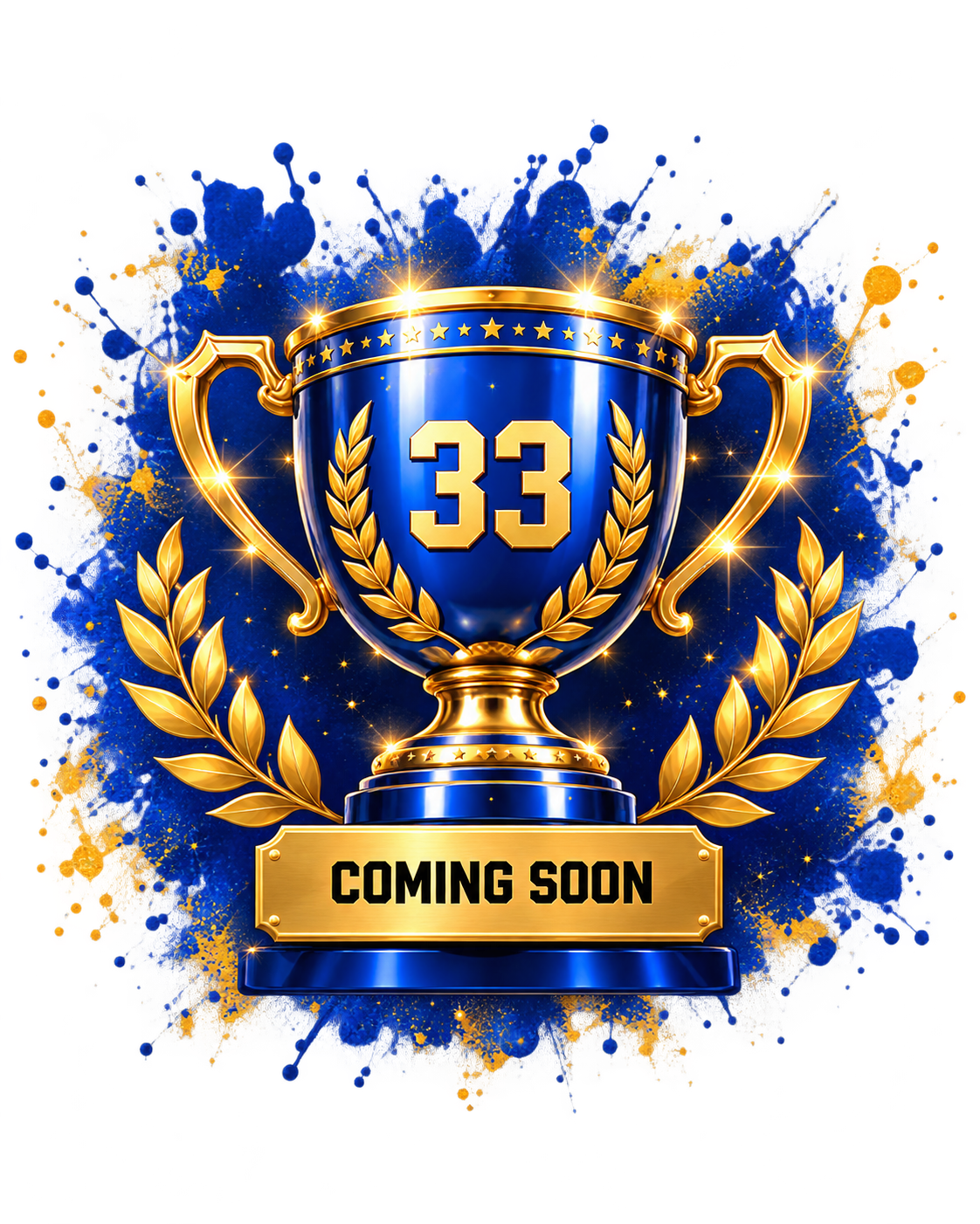 BLUE33 blue and gold trophy with number 33, coming soon