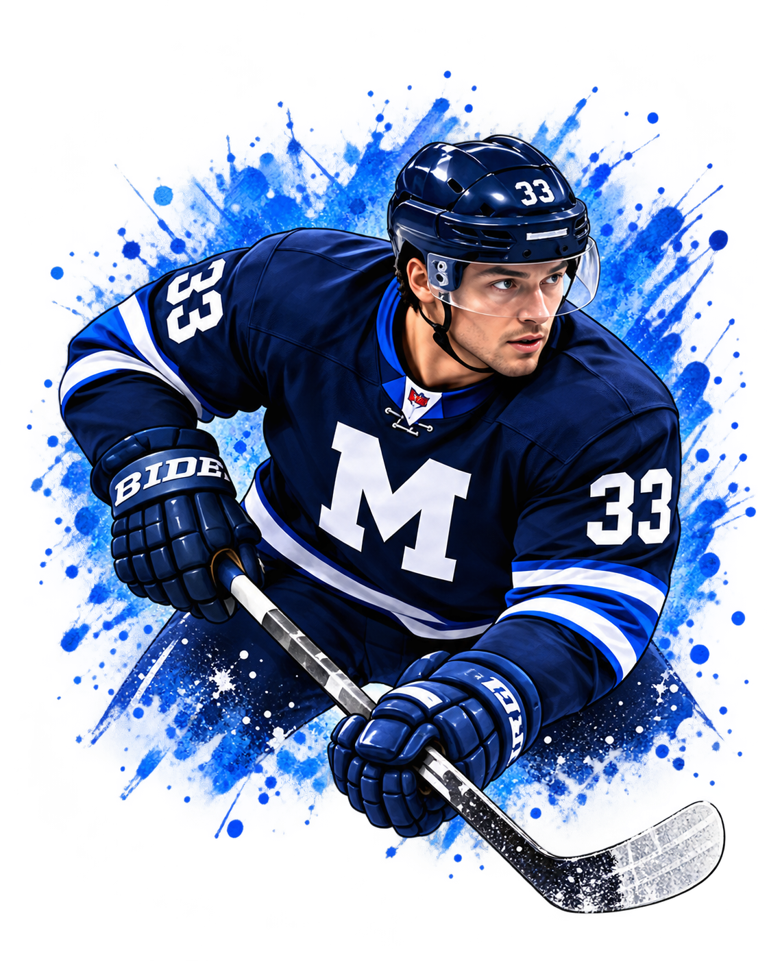 BLUE33 hockey player in a navy uniform with a white M on the chest
